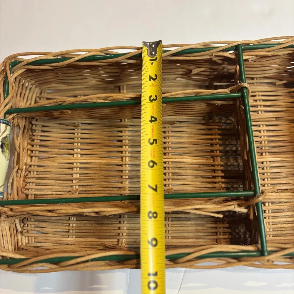 Wicker Utensil Caddy Green Ceramic Handles 4 Compartments Picnic Cottagecore